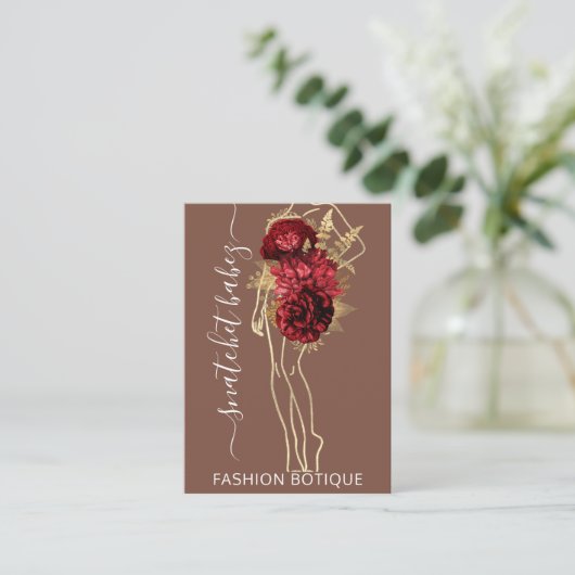 Mode Floral Brown Gold Logo QR Stylist Body Visitekaartje (Staand voorkant)