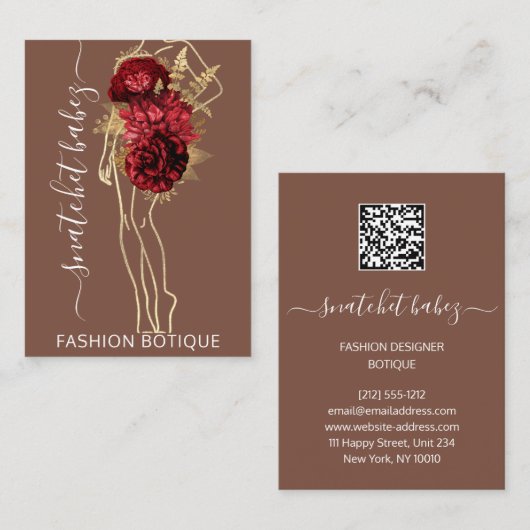 Mode Floral Brown Gold Logo QR Stylist Body Visitekaartje (Voorkant / Achterkant)