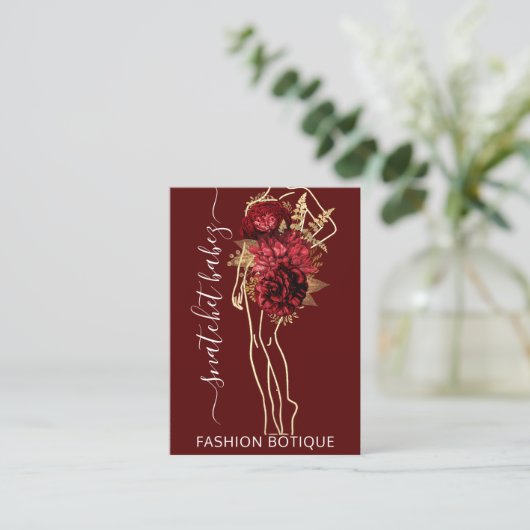 Mode Floral Burgundy Gold Logo QR Stylist Body Visitekaartje (Staand voorkant)