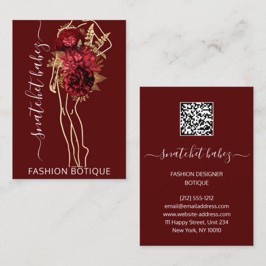 Mode Floral Burgundy Gold Logo QR Stylist Body Visitekaartje (Voorkant / Achterkant)