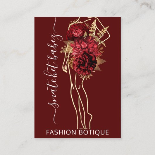 Mode Floral Burgundy Gold Logo QR Stylist Body Visitekaartje (Voorkant)
