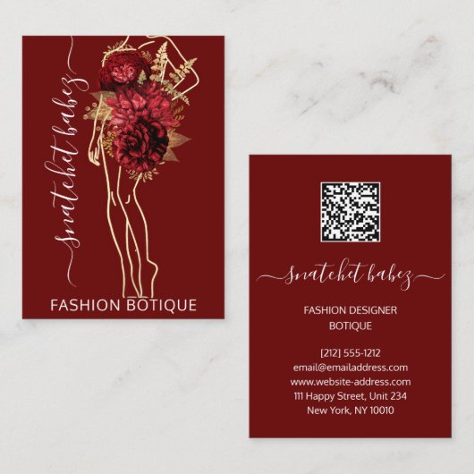 Mode Floral Burgundy Logo QR Stylist Body Visitekaartje (Voorkant / Achterkant)