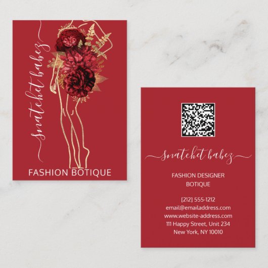 Mode Floral Burgundy Red Logo QR Stylist Body Visitekaartje (Voorkant / Achterkant)