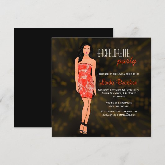 Mode Girl Dress Lights Bachelorette Invite Kaart (Voorkant / Achterkant)