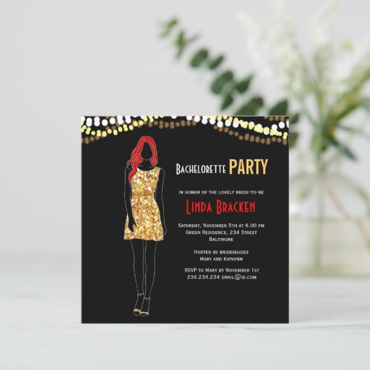 Mode Girl Dress Lights Bachelorette Invite Kaart (Staand voorkant)