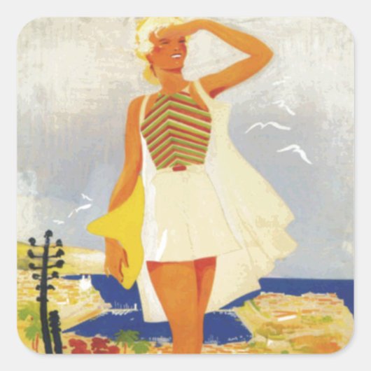 Mode Girl Monte Carlo Beach Travel Vierkante Sticker (Voorkant)