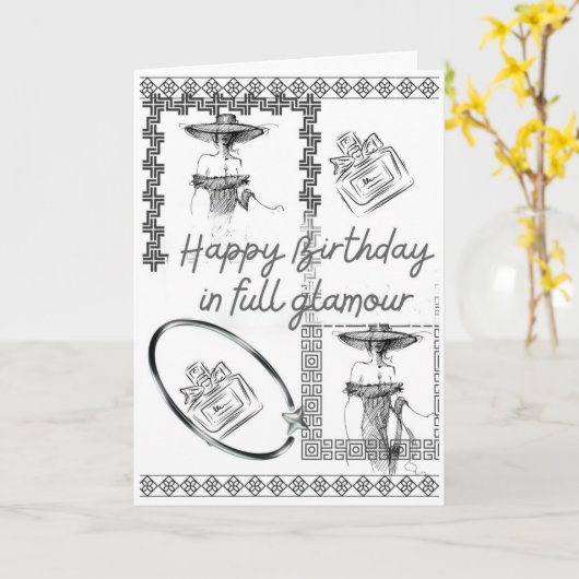 Mode Glam Verjaardag Kaart Elegant Zwart-wit (Gele Bloem)