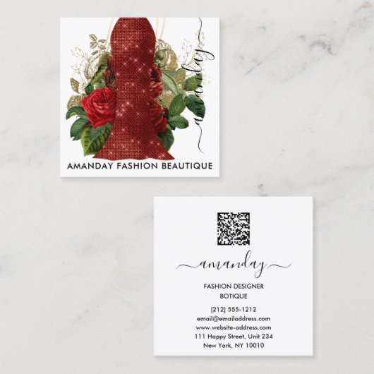 Mode Gold Floral Dress Logo QRCode Lace Red Vierkante Visitekaartje (Voorkant / Achterkant)