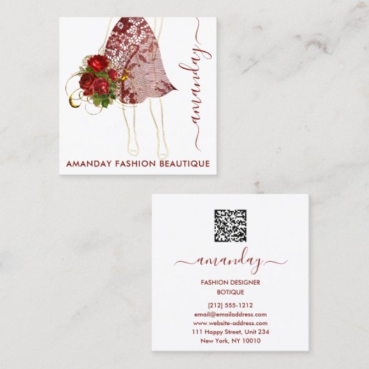 Mode Gold Floral Dress Logo QRCode Lace White Vierkante Visitekaartje (Voorkant / Achterkant)