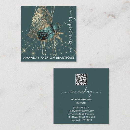 Mode Gold Red Dress Logo QRCode - Aangepast groen Vierkante Visitekaartje (Voorkant / Achterkant)