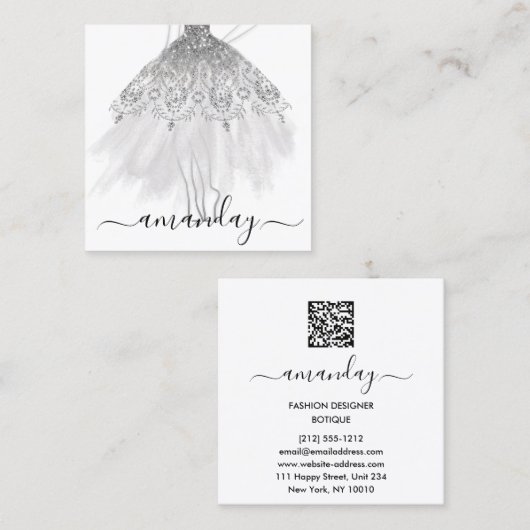 Mode grijs Glitter Dress Logo QR Stylist White Vierkante Visitekaartje (Voorkant / Achterkant)