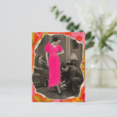 Mode hete roze jurk dame collage briefkaart (Staand voorkant)