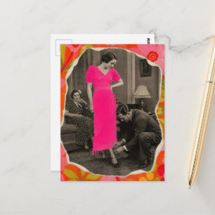 Mode hete roze jurk dame collage briefkaart