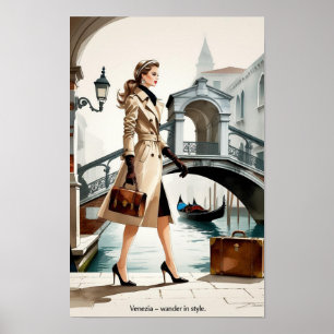 Mode illustratie van de vrouw die Venetië overstee Poster