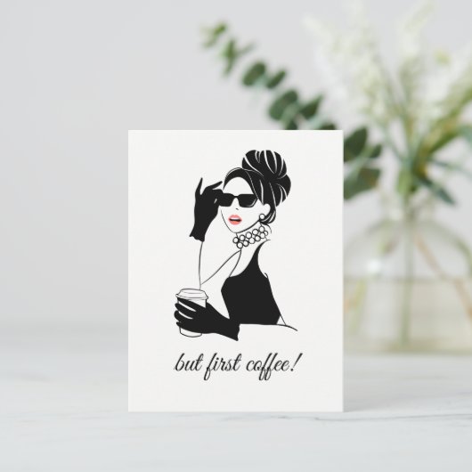 Mode illustratie vrouw met koffie briefkaart (Staand voorkant)