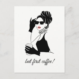 Mode illustratie vrouw met koffie briefkaart