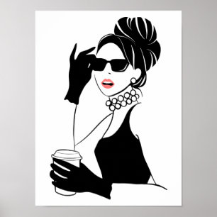 Mode illustratie vrouw met koffie poster
