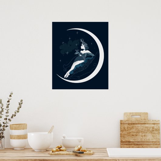 Mode illustrationart deco vrouw met maan poster (Keuken)