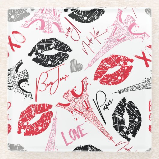 Mode, kalligrafisch Eiffeltoren patroon. Glazen Onderzetter (Voorkant)