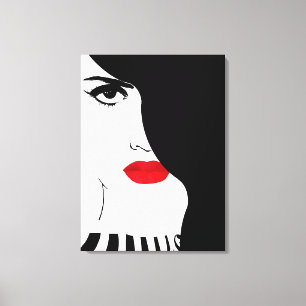 Mode kunst, zwart wit rode lippen vrouw canvas