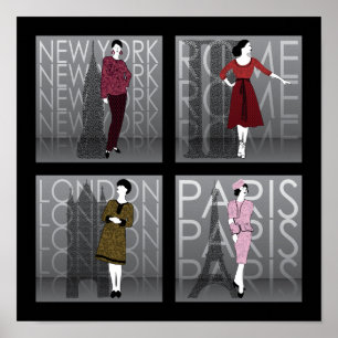Mode Londen, New York, Parijs en Rome Poster