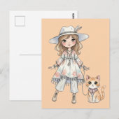 Mode meisje dat wandelt met haar kat briefkaart (Voorkant / Achterkant)