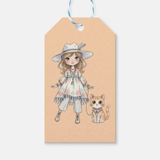 Mode meisje dat wandelt met haar kat cadeaulabel (Voorkant)