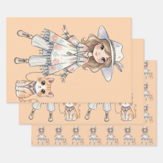 Mode meisje dat wandelt met haar kat inpakpapier vel (Set)