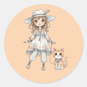 Mode meisje dat wandelt met haar kat ronde sticker