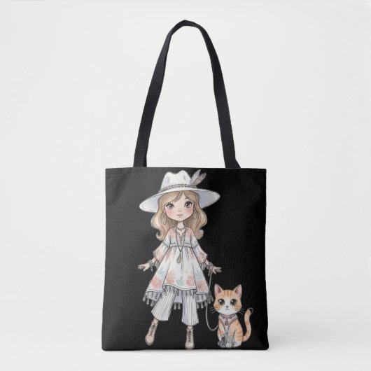 Mode meisje dat wandelt met haar kat tote bag (Voorkant)