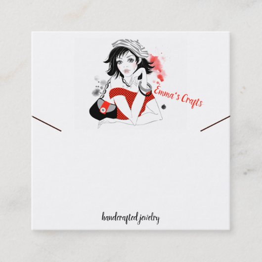 Mode meisje in rood Ketting Vierkante Visitekaartje (Voorkant)