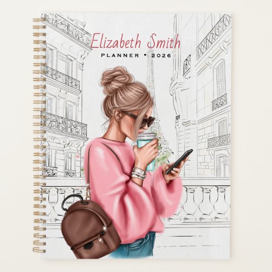 Mode Meisje met koffie in Parijs Planner (Voorkant)