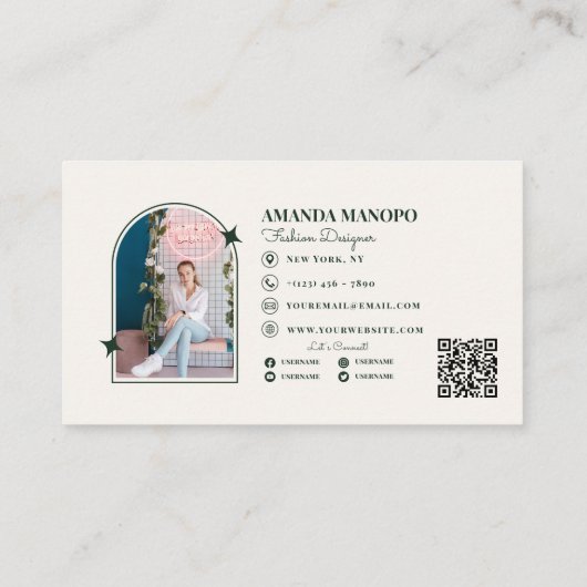 Mode Minimalistische Groen Scannable QR Code Zakel Visitekaartje (Achterkant)