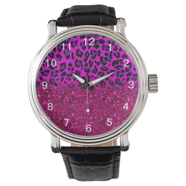 Mode Moderne roze Paarse glitter Leopard Horloge (Voorkant)