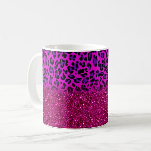 Mode Moderne roze Paarse glitter Leopard Koffiemok (Voorkant links)