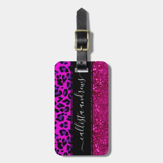 Mode Moderne roze Paarse glitterluipaard. Bagagelabel