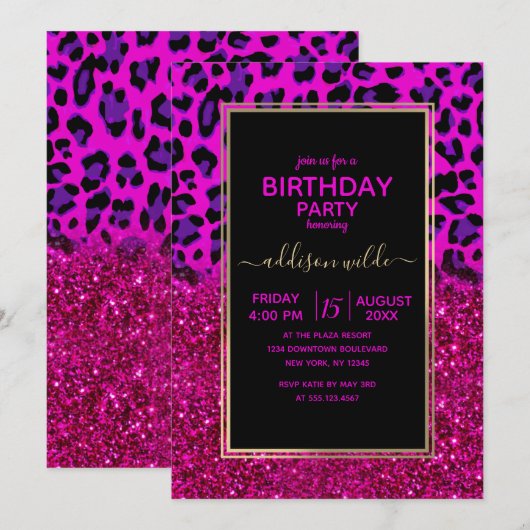 Mode Moderne roze Paarse glitterluipaard. Kaart (Voorkant / Achterkant)