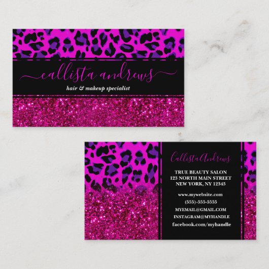 Mode Moderne roze Paarse glitterluipaard. Visitekaartje (Voorkant / Achterkant)
