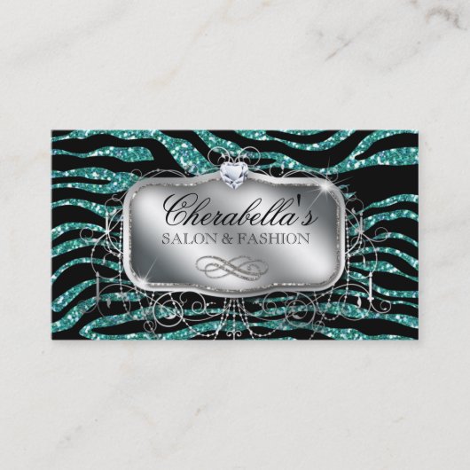 Mode Nail Salon Elegant Zebra Glitter Blauwgroen Visitekaartje (Voorkant)