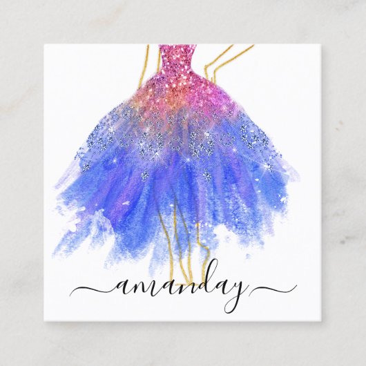 Mode Ontwerper Glitter Dress Logo QR Gold Blue Vierkante Visitekaartje (Voorkant)