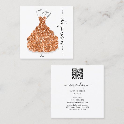 Mode Ontwerper Winkelen Glitter Dress QR Code Wit Vierkante Visitekaartje (Voorkant / Achterkant)