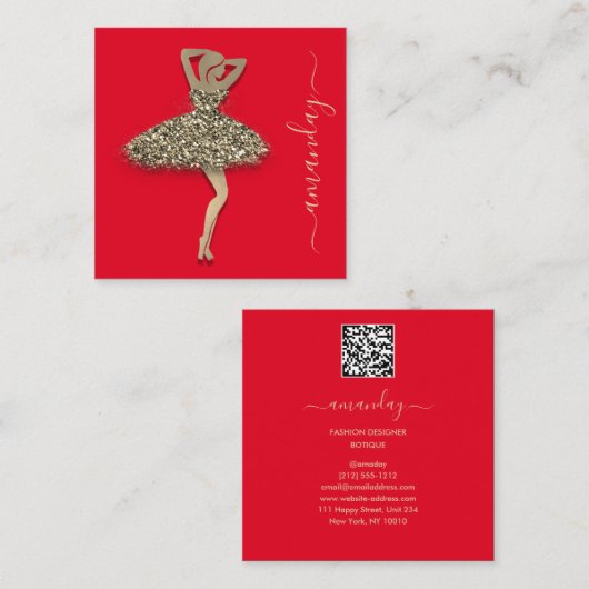 Mode Ontwerper Winkelwinkel QR Code Logo Gold Red Vierkante Visitekaartje (Voorkant / Achterkant)