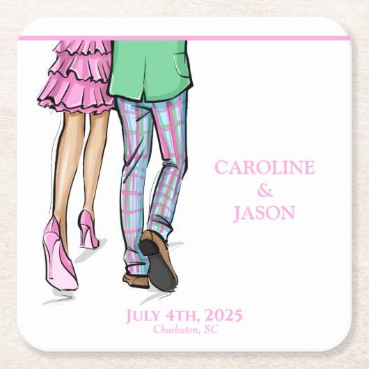 Mode paar rode kreeft Douche bruiloft Kartonnen Onderzetters (Voorkant)