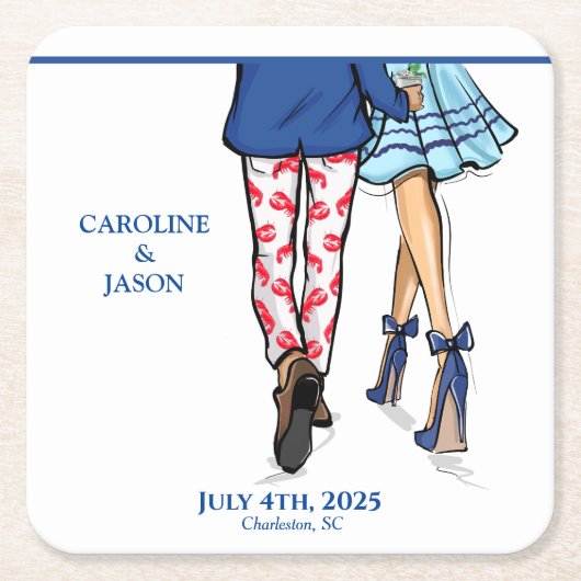 Mode paar rode kreeft Douche bruiloft Kartonnen Onderzetters (Voorkant)