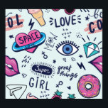 Mode Patch: Pop Art Stickers. Poster<br><div class="desc">Mode patch badges. Naadloos patroon met roze meisje stickers in pop art stijl, voor textiel. mode Modern grunge achtergrond textiel, prints, papier producten, het web. Meisjes patroon Mode-voorwaarts met roze meisje stickers in pop kunst stijl! Modieuze roze meisje stickers in pop art stijl, ideaal voor textiel. patroon, meisje, mode, graffiti,...</div>