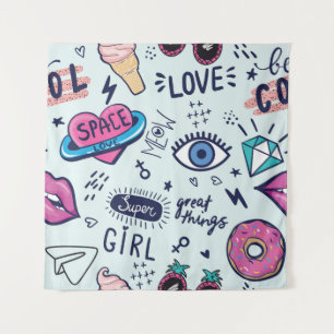 Mode patchbadges. Naadloos patroon met roze g Wandkleed