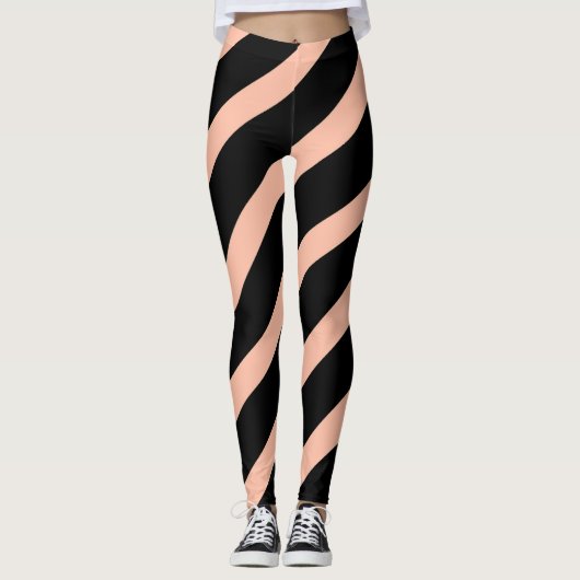 Mode Peach en Zwarte Diagonale Strepen Leggings (Voorkant)