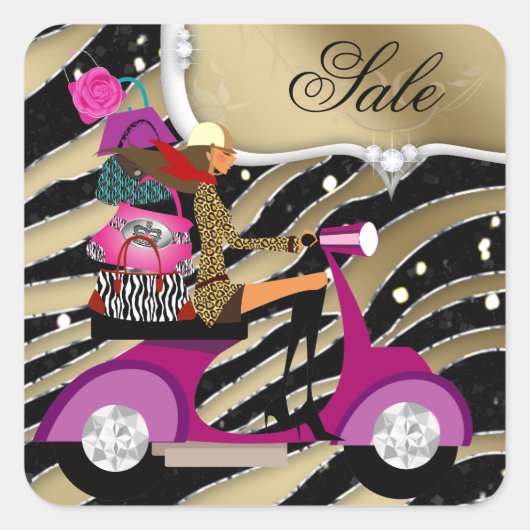Mode Purse Sieraden Zebra Scooter Meisje Zwart Vierkante Sticker (Voorkant)