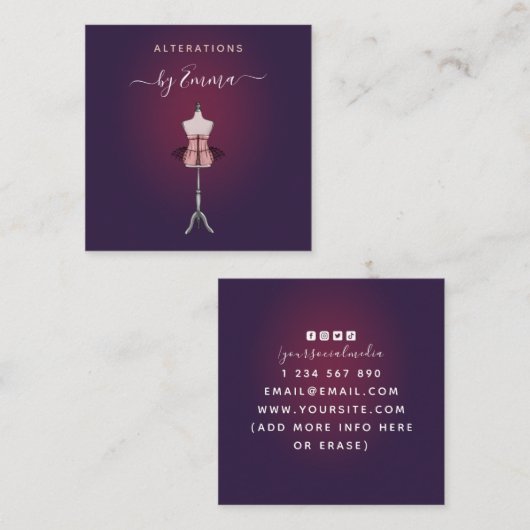 Mode Roos Gold Mannequin Burgundy Seamstress Vierkante Visitekaartje (Voorkant / Achterkant)