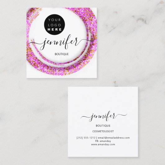 Mode Roze Floral Boutique Logo Gold Vierkante Visitekaartje (Voorkant / Achterkant)